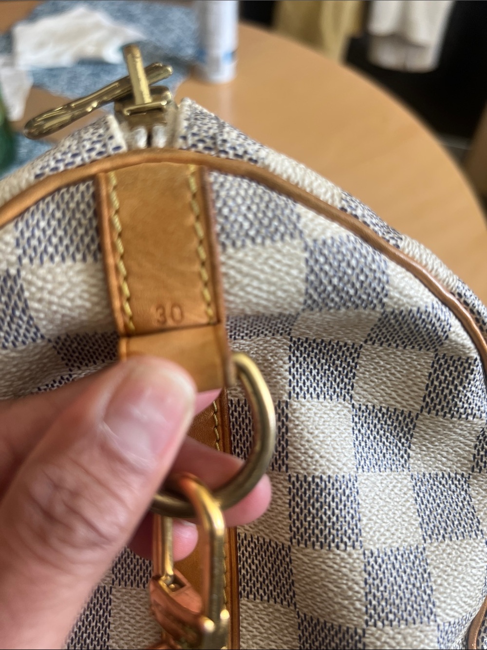 Louis Vuitton Cream/Gray Damier Azur Satchel with Tan Leather Trim.Used. - Picture 7 of 8